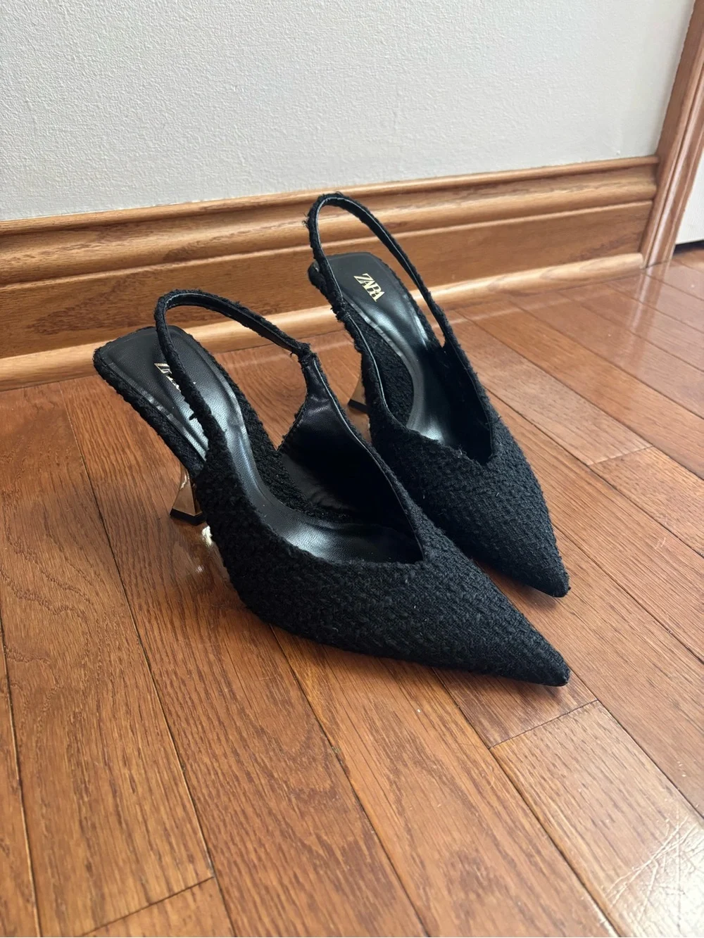 Zara Black Tweed Pointed Toe Sling Back Heels with Gold Tone Accents